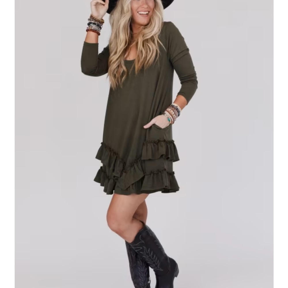 CONSTANCE RUFFLE HEM LONG SLEEVE DRESS - Picture 2 of 3